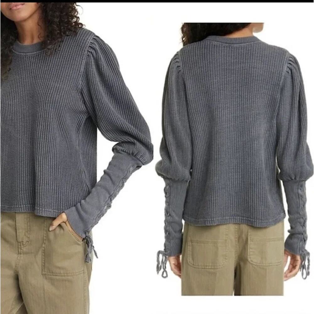 FP One Luna Thermal Shirt Womens Medium Gray Waffle Balloon Sleeve Top